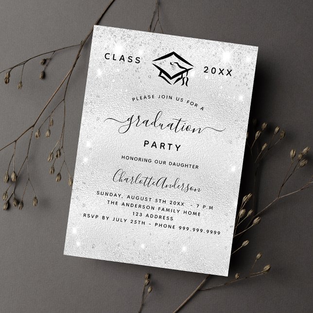 Invitation Carte Postale Graduation argent parties scintillant moderne (Créateur téléchargé)