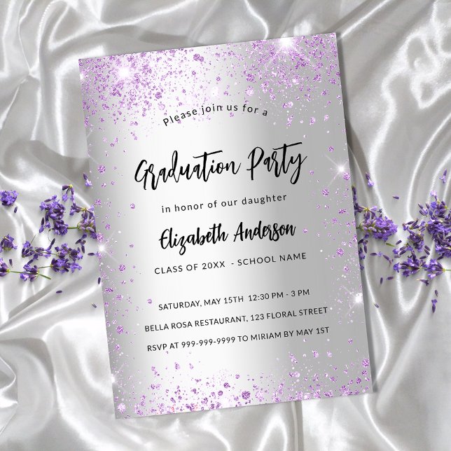 Invitation Carte Postale Graduation argent violet violet pétillants (Créateur téléchargé)