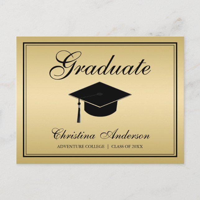 Invitation Carte Postale Graduation Black Grad Casquette & Script sur Silve (Devant)