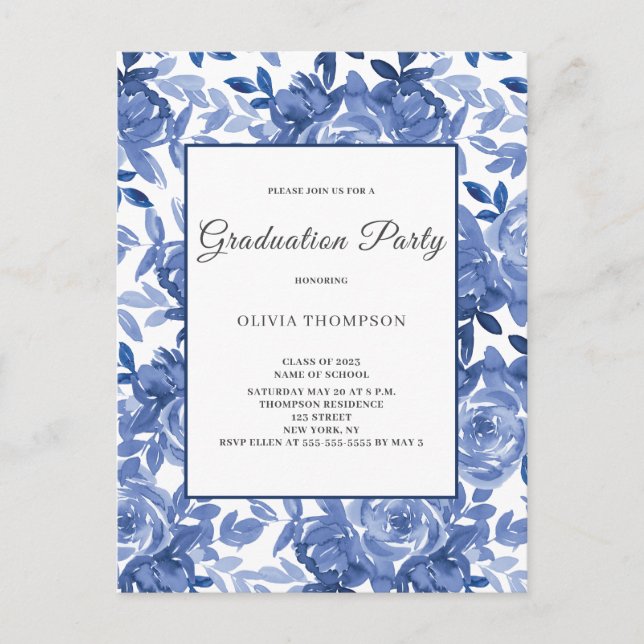 Invitation Carte Postale Graduation Blue Floral Party (Devant)