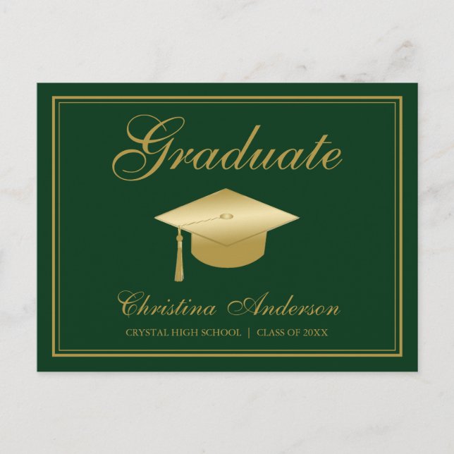 Invitation Carte Postale Graduation Gold Casquette & Script sur Green Party (Devant)
