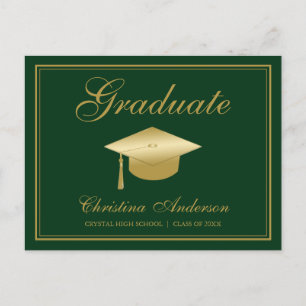 Invitation Carte Postale Graduation Gold Grad Cap & Script on Green Party