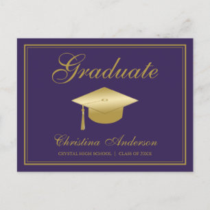 Invitation Carte Postale Graduation Gold Grad Cap & Script on Purple Party