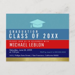Invitation Carte Postale graduation moderne, rayée et cool . grad party