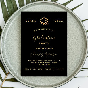 Invitation Carte Postale Graduation noir or minimaliste 2025