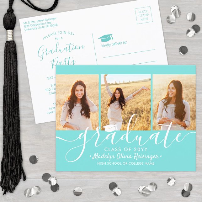 Invitation Carte Postale Graduation Party Modern Script Teal Blue 3 Photo (Créateur téléchargé)