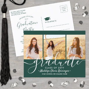 Invitation Carte Postale Graduation Party Moderne foncé vert & blanc 3 Phot