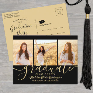 Invitation Carte Postale Graduation Party Moderne Noir et Or 3 Photo