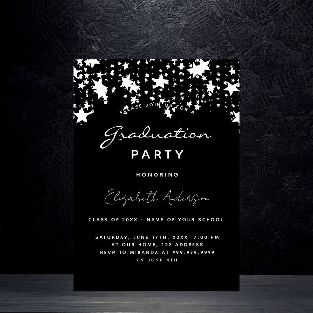 Invitation Carte Postale Graduation party noir blanc étoiles 2025 (Créateur téléchargé)