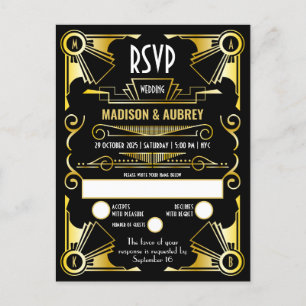Invitation Carte Postale Grand Mariage Art Déco Gatsby Gold & Black RSVP