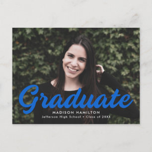 Invitation Carte Postale Gras Blue Script Photo Graduation Party