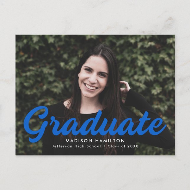 Invitation Carte Postale Gras Blue Script Photo Graduation Party (Devant)