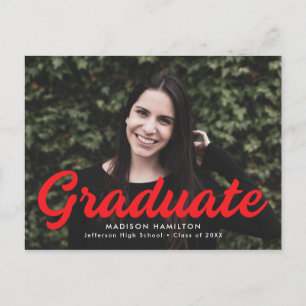Invitation Carte Postale Gras Red Script Photo Graduation Party