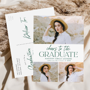 Invitation Carte Postale Green Cheers to the Grad 3 Photo Graduation Party