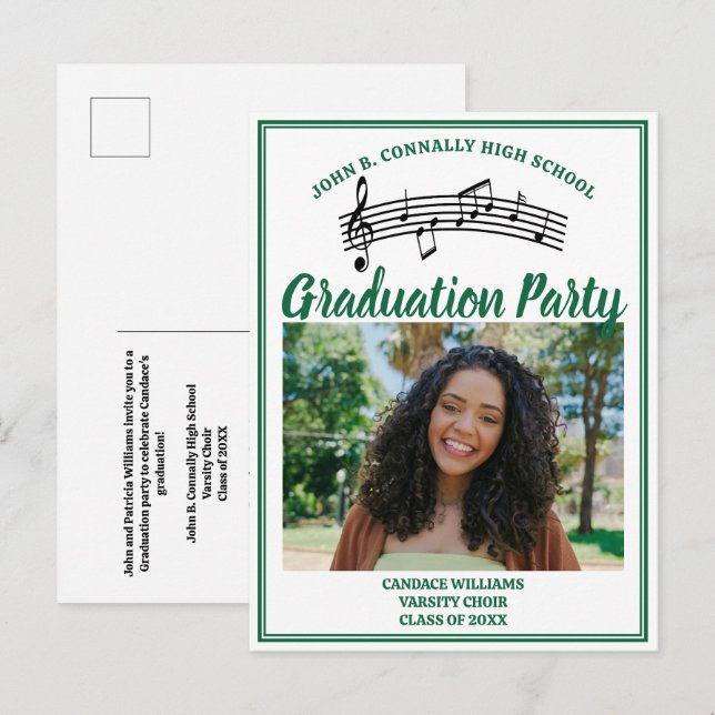 Invitation Carte Postale Green Choir Photo High School Graduation Party (Devant / Derrière)