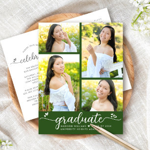 Invitation Carte Postale Green Graduation 4 Photo Moderne Fille Script Coeu