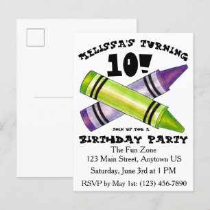 Invitation Carte Postale Green Purple Artist Crayons Enfant fête d'annivers
