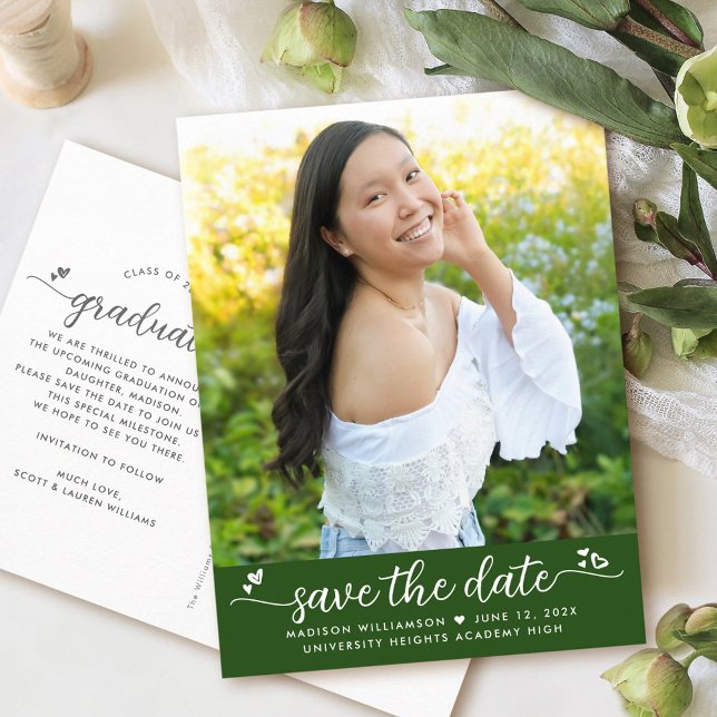 Invitation Carte Postale Green Save the Date Photo Graduation Script Coeurs (Créateur téléchargé)