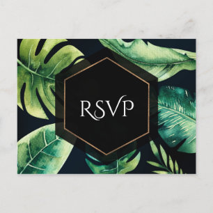 Invitation Carte Postale Green Tropical Feuille Black Mariage élégant RSVP