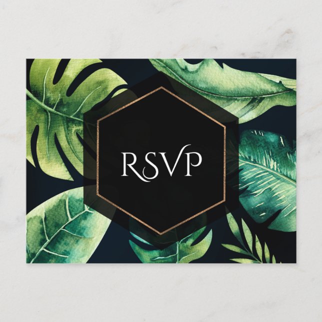 Invitation Carte Postale Green Tropical Feuille Black Mariage élégant RSVP (Devant)