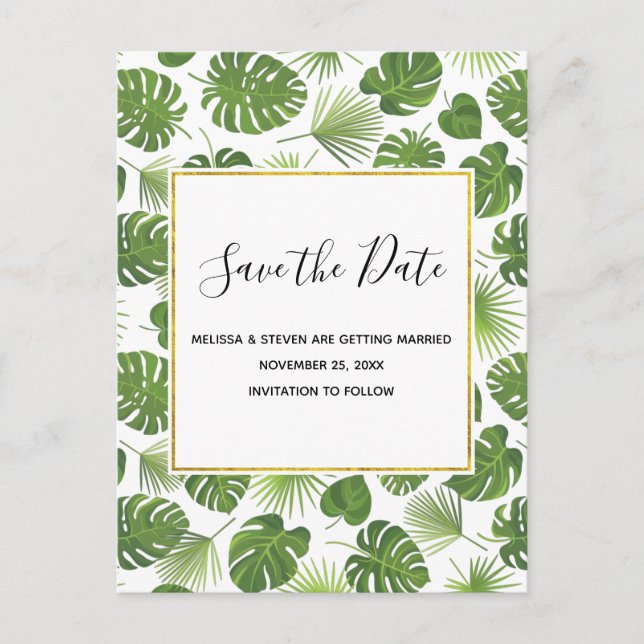 Invitation Carte Postale Green Tropical Feuille Motif Classy Enregistrer la (Devant)