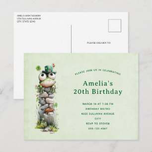 Invitation Carte Postale Grenouille avec chapeau vert et trèfle d'anniversa
