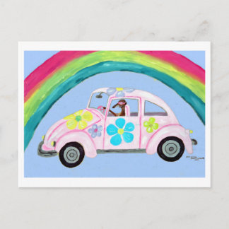 Invitation Carte Postale Greyhound in Hippie Car with Rainbow