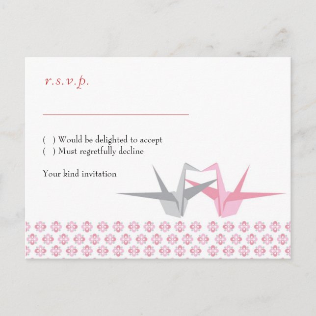 Invitation Carte Postale Grues Origami (Argent Rose) RSVP (Devant)