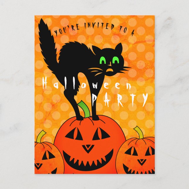 Invitation Carte Postale Halloween Chat Noir Citrouilles Orange Party (Devant)