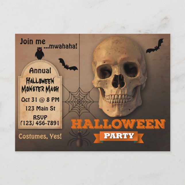 Invitation Carte Postale Halloween crâne éffrayant, chauves-souris et araig (Devant)