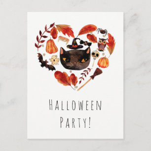 Invitation Carte Postale Halloween Party Chat noir Aquarelle Whimsical