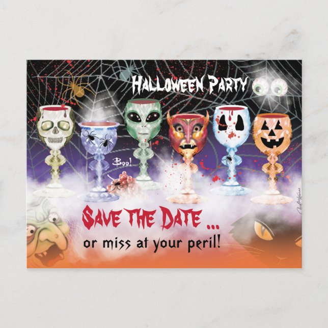 Invitation Carte Postale Halloween Party, Ghoulish Wine Goblets (Devant)