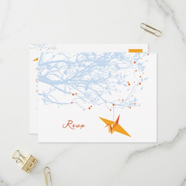 Invitation Carte Postale Hanging Origami Granes orange Mariage asiatique RS (Devant/Arrière en situation)