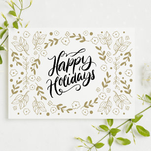 Invitation Carte Postale Happy Holidays Gold Floral avec Branches & Blooms