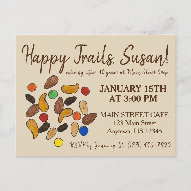 Invitation Carte Postale Happy Trails Trail Mix Go Away Retirement Party (Devant)