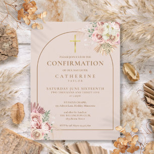 Invitation Carte Postale Herbe de Pampa Rose Fleurie Arche Dorée de Confirm