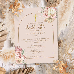 Invitation Carte Postale Herbe de Pampas Rose Arche dorée Première communio