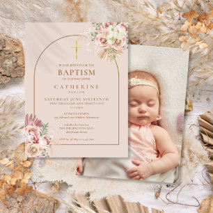 Invitation Carte Postale Herbe des Pampas Gold Arch Photo Baptême Christeni