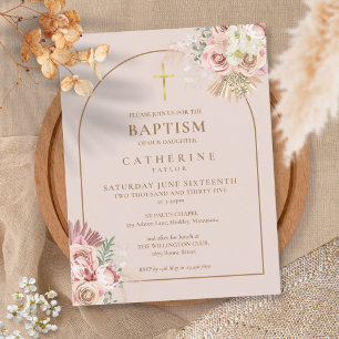 Invitation Carte Postale Herbe des Pampas Rose Or Arche Baptême Christening