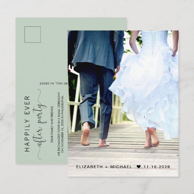 Invitation Carte Postale Heureux Jamais Après Photo Sage Réception Verte (Devant / Derrière)