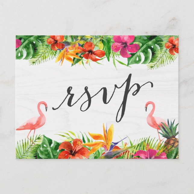 Invitation Carte Postale Hibiscus tropical Flamant rose floral Réponse RSVP (Devant)