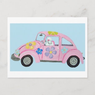Invitation Carte Postale Hippie Caniche dans une voiture d'amour Flower Chi