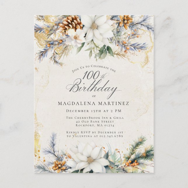 Invitation Carte Postale Hiver Blanc Floral Végétation 100e anniversaire (Devant)