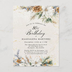Invitation Carte Postale Hiver Blanc Floral Vert 80e anniversaire