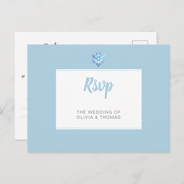 Invitation Carte Postale Hiver Bleu minimaliste Flocon de neige Repas Maria (Devant / Derrière)