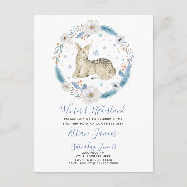Invitation Carte Postale Hiver ONEderland Cerf Floral Baby 1er anniversaire (Devant)