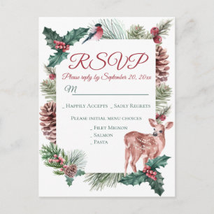 Invitation Carte Postale Hiver RSVP Deer Floral Noël Mariage rouge