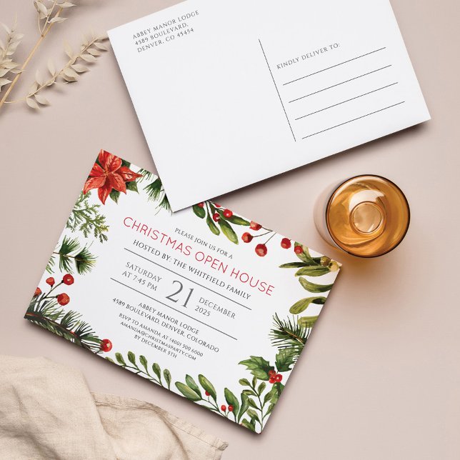 Invitation Carte Postale Holiday de Noël Maison ouverte de verdure (Créateur téléchargé)