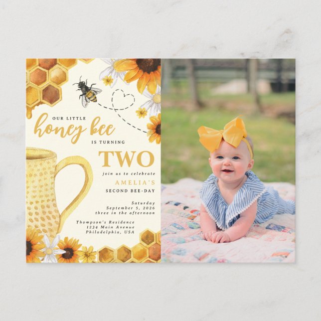 Invitation Carte Postale Honey Bee Aquarelle Tournesol 2e anniversaire Phot (Devant)