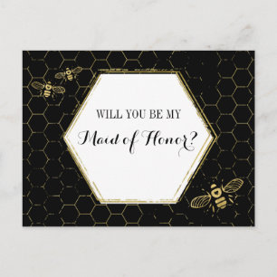 Invitation Carte Postale Honey Bee Black Gold Custom Maid of Honor Proposit